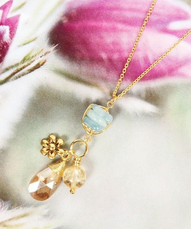 【ときめくカラフル天然石】K14GF お花のオレンジネックレス