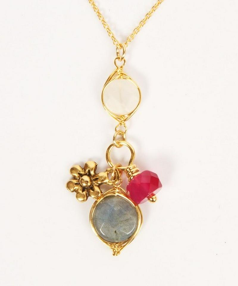 【ときめくカラフル天然石】K14GF お花のレッドネックレス