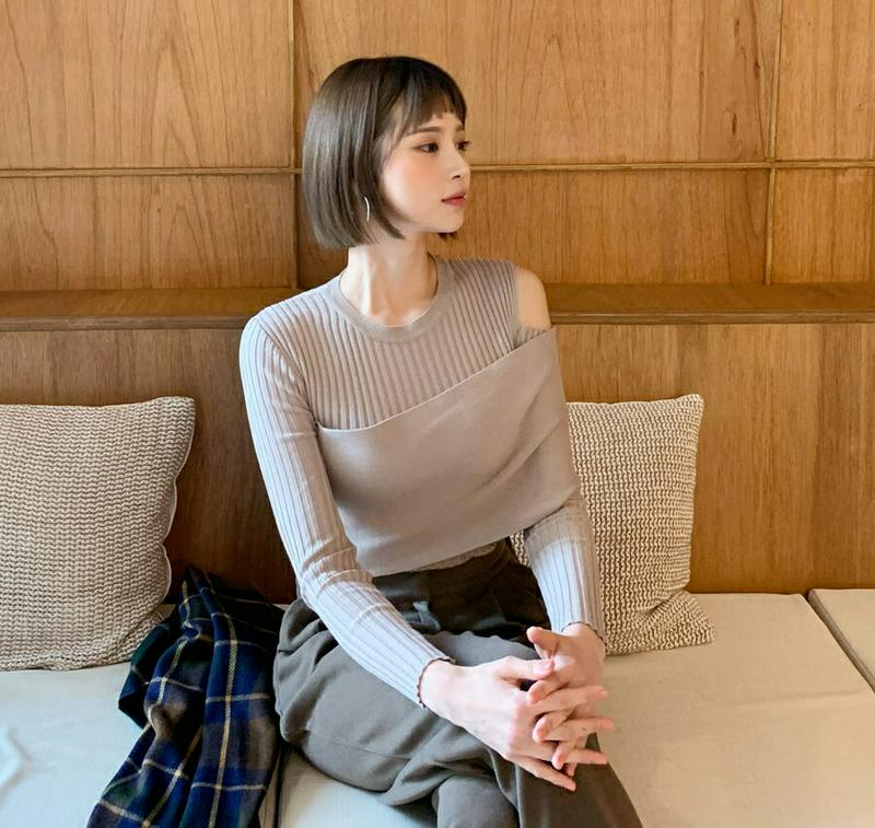 【新作10%OFF】オープンショルダーニット・全3色・t61791 レディース【tops】【韓国 ファッション トップス ニット ニットトップス ロングスリーブ 長袖 ラウンドネック オープンショルダー リブ スリム アンバランス シンプル 大人 秋 冬】