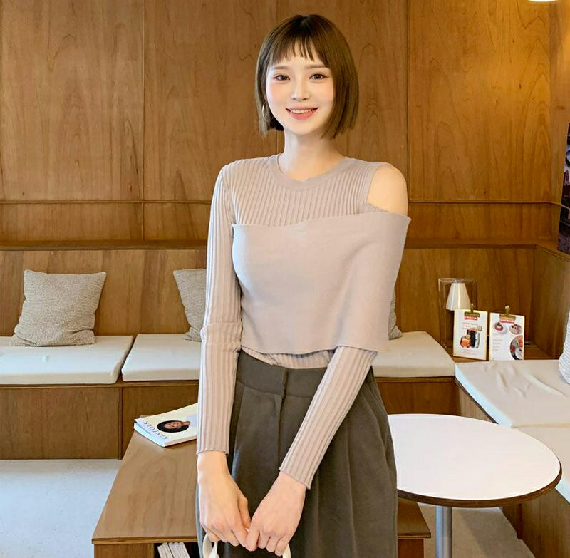 【新作10%OFF】オープンショルダーニット・全3色・t61791 レディース【tops】【韓国 ファッション トップス ニット ニットトップス ロングスリーブ 長袖 ラウンドネック オープンショルダー リブ スリム アンバランス シンプル 大人 秋 冬】