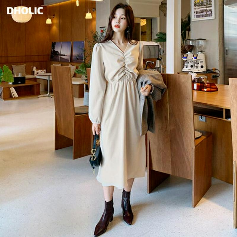 ギャザーVネックワンピース・全3色・t61805 レディース【ops】【韓国 ファッション ワンピース ロングワンピース 長袖 ロングスリーブ Vネック 鎖骨 デコルテ ギャザー ウエストゴム フレア シンプル 大人 秋 冬】