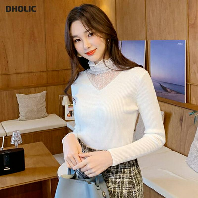 【新作10%OFF】レースタートルネックリブニット・全3色・b61797 レディース【tops】【韓国 ファッション トップス ニット ニットトップス ロングスリーブ 長袖 リブ リブニット タートルネック Vネック レース 透け感 シースルー シアー スリム 大人 フェミニン 秋 冬】