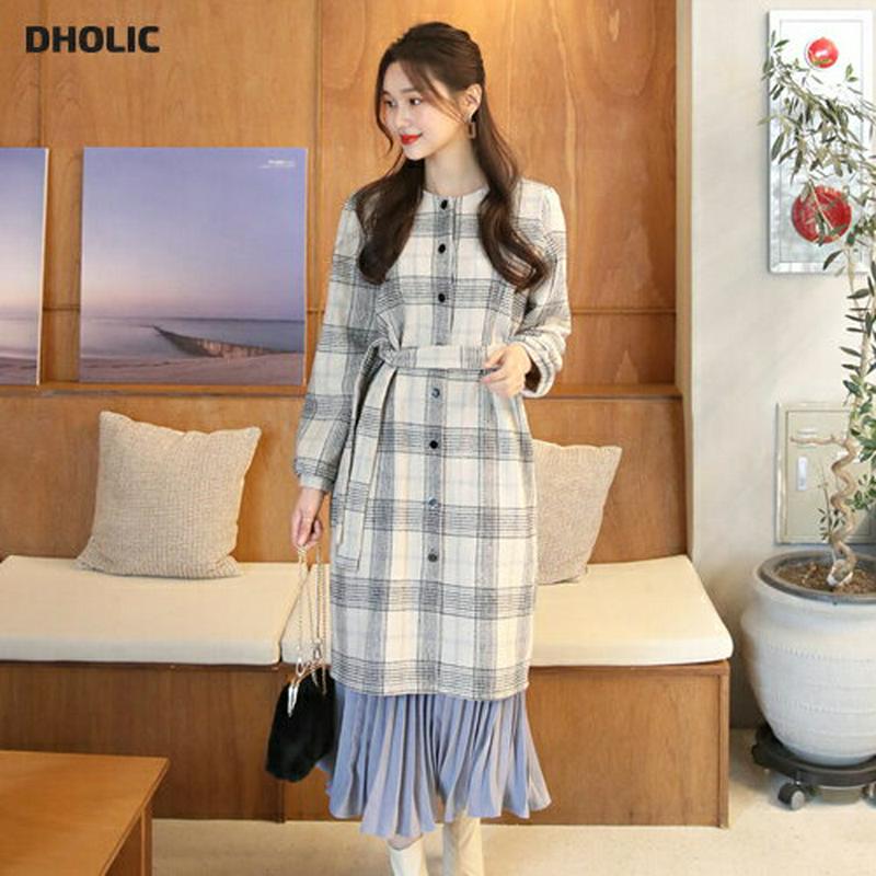 ストラップ付チェックワンピース・全3色・t61806 レディース【ops】【韓国 ファッション ワンピース ミディ丈 ミディワンピース ロングスリーブ 長袖 ラウンドネック ルーズ チェック柄 ストラップ ボタン カジュアル 大人 上品 秋 冬】