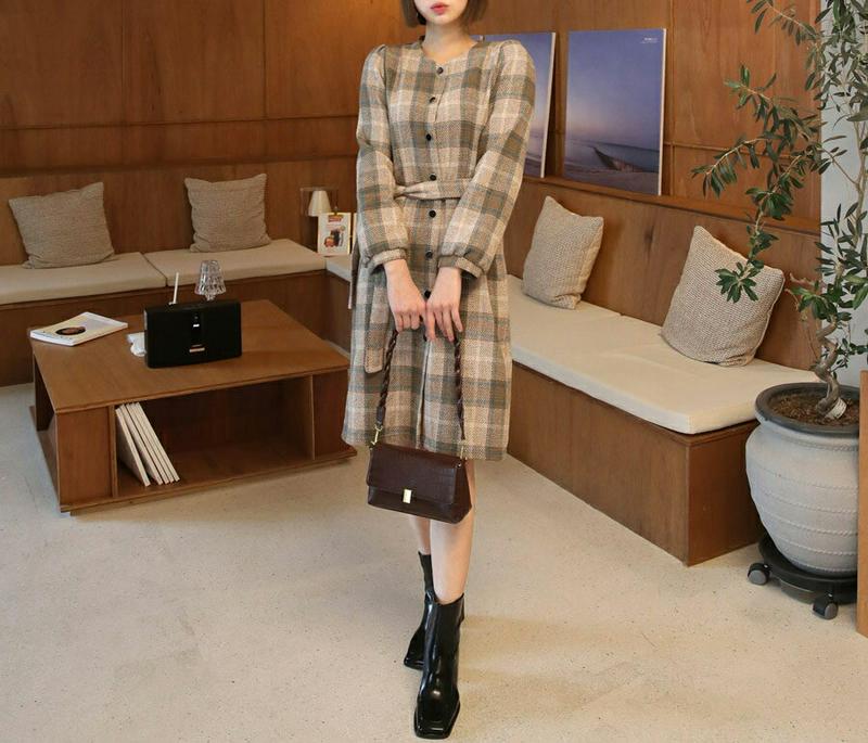 ストラップ付チェックワンピース・全3色・t61806 レディース【ops】【韓国 ファッション ワンピース ミディ丈 ミディワンピース ロングスリーブ 長袖 ラウンドネック ルーズ チェック柄 ストラップ ボタン カジュアル 大人 上品 秋 冬】