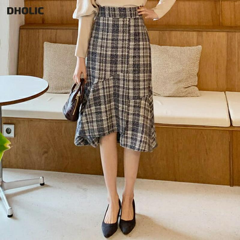 ツイードチェックスカート・全3色・b61816 レディース【sk】【韓国 ファッション ボトムス スカート ロング丈 ロングスカート マーメイド マーメイドスカート ツイード チェック柄 バックゴム スリット 高級感 大人 上品 フェミニン 秋 冬】