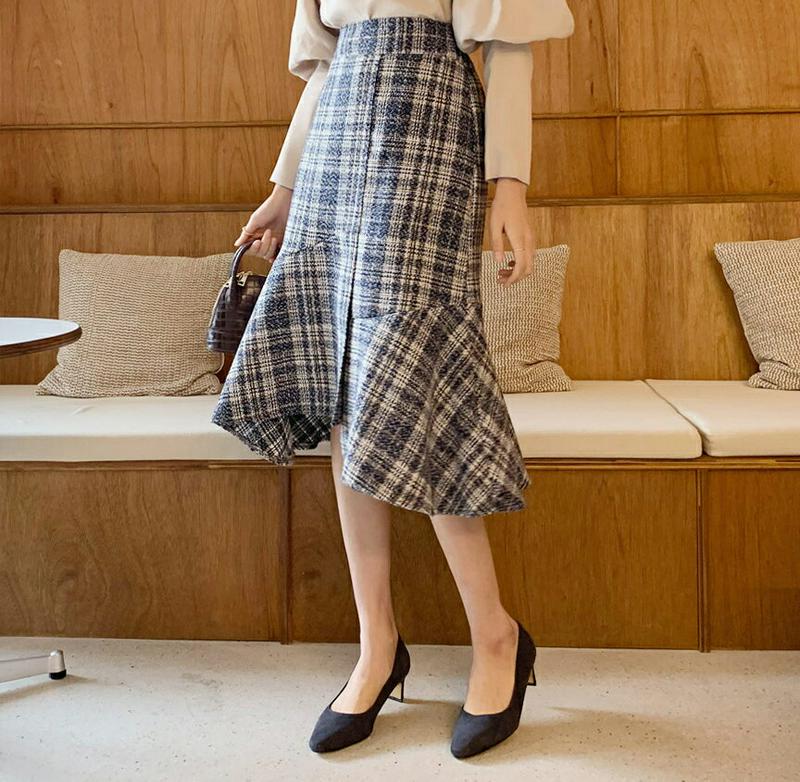 ツイードチェックスカート・全3色・b61816 レディース【sk】【韓国 ファッション ボトムス スカート ロング丈 ロングスカート マーメイド マーメイドスカート ツイード チェック柄 バックゴム スリット 高級感 大人 上品 フェミニン 秋 冬】