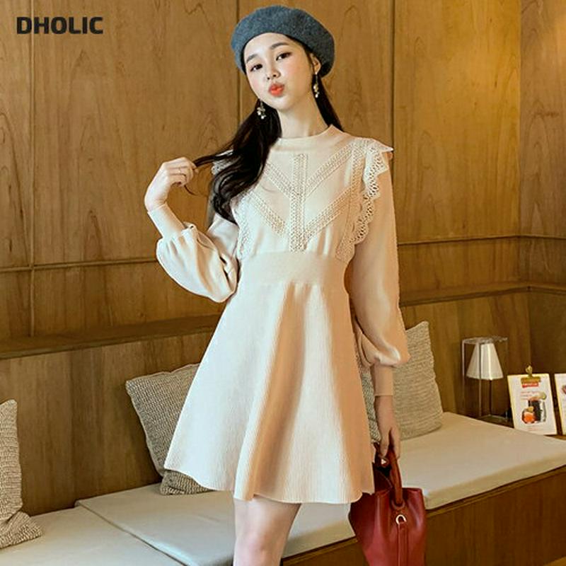 レースラインニットワンピース・全2色・t61807 レディース【ops】【韓国 ファッション ワンピース ミニ丈 ショート ミニワンピース ニットワンピース フレア レース リブ ラウンドネック 長袖 パフスリーブ シンプル ガーリー 大人 秋 冬】