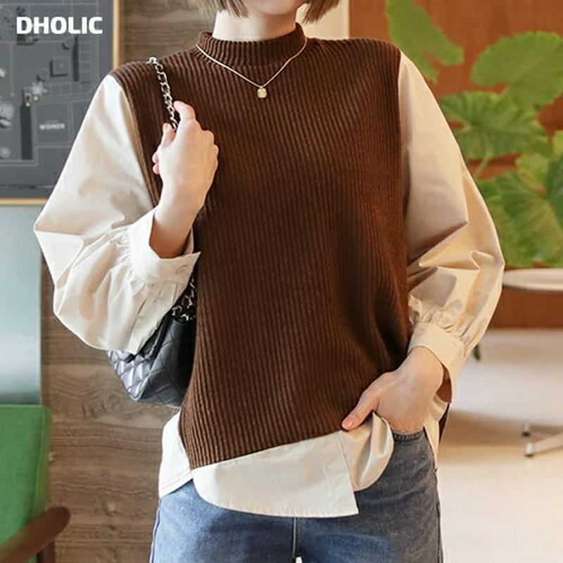 【新作10%OFF】コントラストスリーブTシャツ・全2色・b61795 レディース【tops】【韓国 ファッション トップス Tシャツ ロングスリーブ 長袖 ハーフネック コントラスト 配色 リブ シンプル カジュアル 大人 上品 秋 冬】