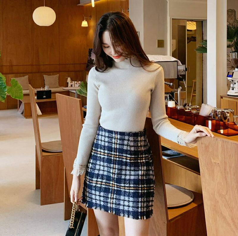 ≪人気商品再入荷≫レースヘムニット・全4色・b61792 レディース【tops】 韓国ファッション トップス ニット ニットトップス ロングスリーブ 長袖 リブ リブニット ハーフネック レース スリム スリット シンプル 大人 フェミニン 秋 冬