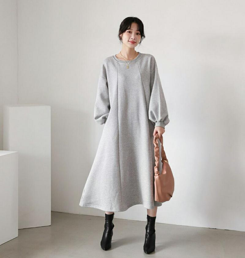 ≪人気商品再入荷≫裏起毛フレアワンピース・全3色・b65217 レディース【ops】韓国ファッション ワンピース ロング丈 長袖 カットソーワンピース ボリューム袖 ラウンドネック ルーズ フレア 単色 無地 カジュアル 裏起毛 ゆったり 秋 冬 ハイホリHIHOLLI