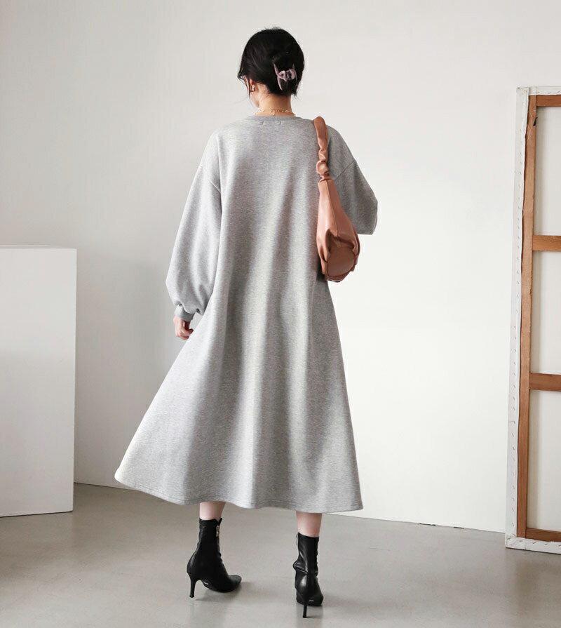 ≪人気商品再入荷≫裏起毛フレアワンピース・全3色・b65217 レディース【ops】韓国ファッション ワンピース ロング丈 長袖 カットソーワンピース ボリューム袖 ラウンドネック ルーズ フレア 単色 無地 カジュアル 裏起毛 ゆったり 秋 冬 ハイホリHIHOLLI