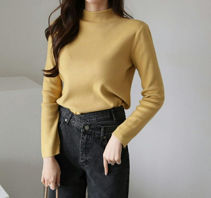 ハーフネックニット・全2色・b65163 レディース【tops】 韓国 ファッション トップス ニット ニットトップス ロングスリーブ 長袖 ハーフネック シンプル 単色 無地 カジュアル ベーシック ラフ 大人 秋 冬 ハイホリHIHOLLI