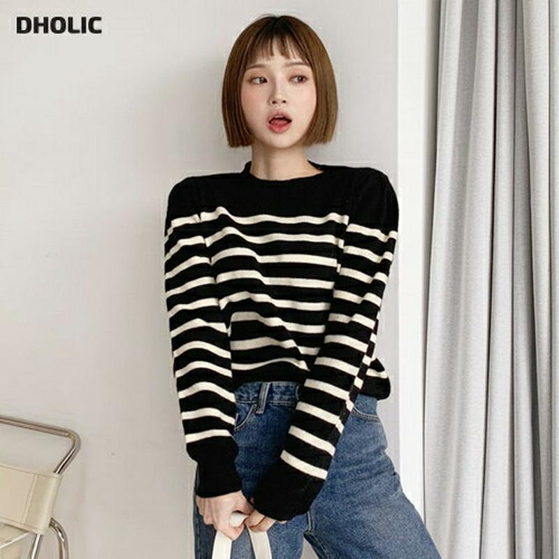 【新作10%OFF】ラウンドボーダーニット・全2色・b61800 レディース【tops】【韓国 ファッション トップス ニット ニットトップス ロングスリーブ 長袖 ラウンドネック ボーダー柄 リブ 配色 シンプル カジュアル ラフ 秋 冬】