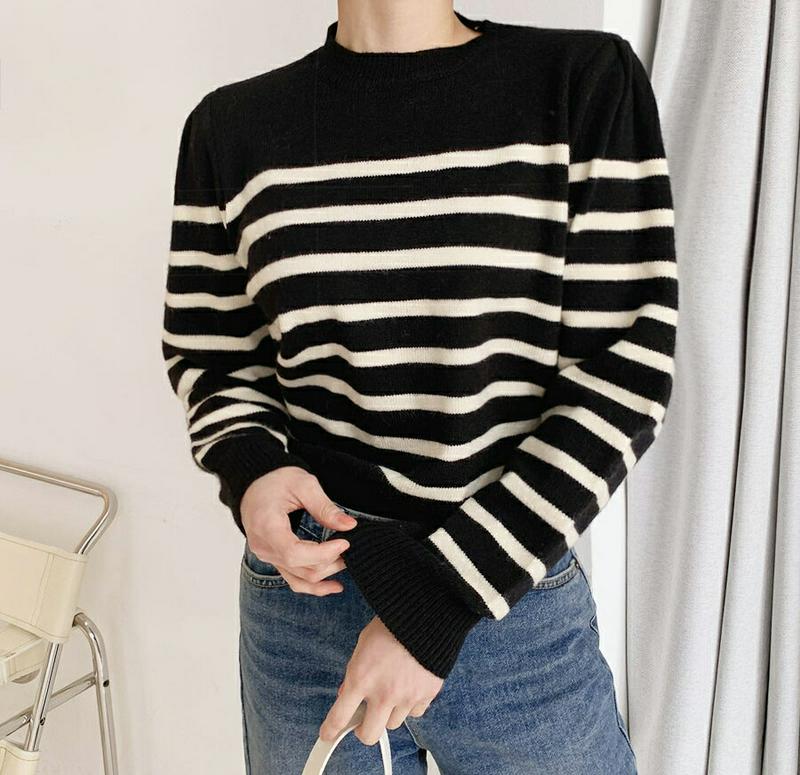 【新作10%OFF】ラウンドボーダーニット・全2色・b61800 レディース【tops】【韓国 ファッション トップス ニット ニットトップス ロングスリーブ 長袖 ラウンドネック ボーダー柄 リブ 配色 シンプル カジュアル ラフ 秋 冬】