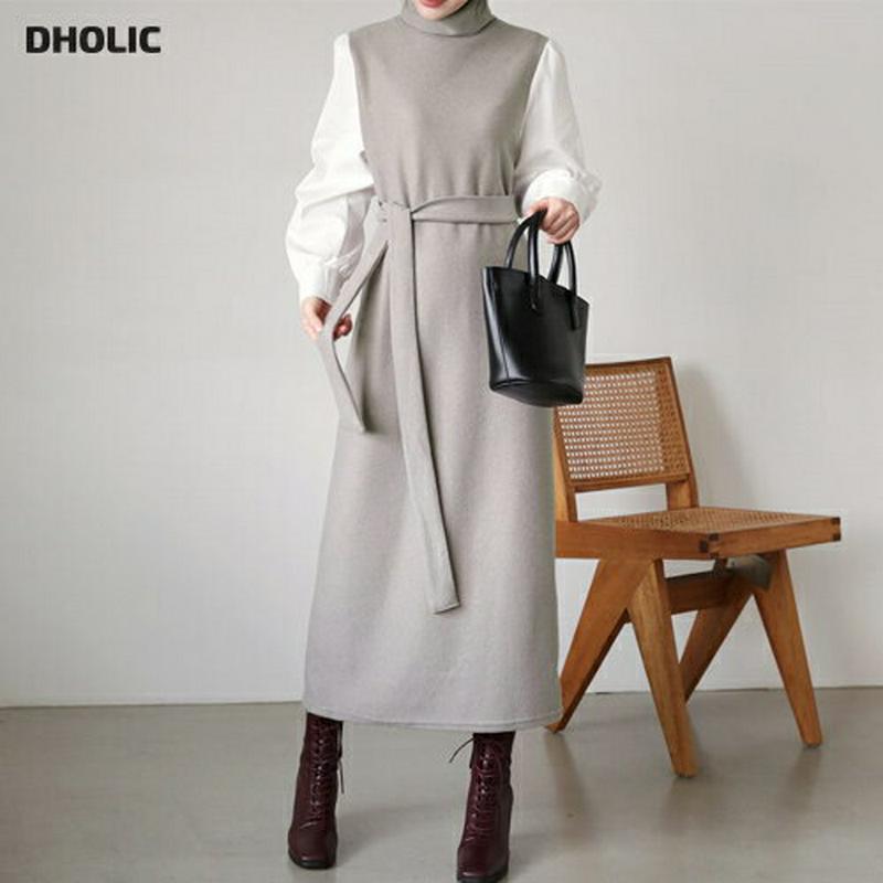 【只今10%OFF】ストラップ付配色スリーブワンピース・全3色・b65218 レディース【ops】【韓国 ファッション ワンピース ロングワンピース ロングスリーブ 長袖 タートルネック Hライン ルーズ ストラップ シンプル 配色 異素材 大人 上品 秋 冬】【ハイホリHIHOLLI】