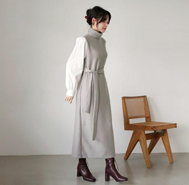 【只今10%OFF】ストラップ付配色スリーブワンピース・全3色・b65218 レディース【ops】【韓国 ファッション ワンピース ロングワンピース ロングスリーブ 長袖 タートルネック Hライン ルーズ ストラップ シンプル 配色 異素材 大人 上品 秋 冬】【ハイホリHIHOLLI】