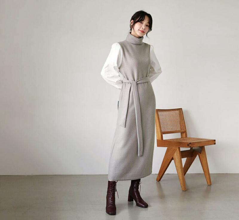 【只今10%OFF】ストラップ付配色スリーブワンピース・全3色・b65218 レディース【ops】【韓国 ファッション ワンピース ロングワンピース ロングスリーブ 長袖 タートルネック Hライン ルーズ ストラップ シンプル 配色 異素材 大人 上品 秋 冬】【ハイホリHIHOLLI】