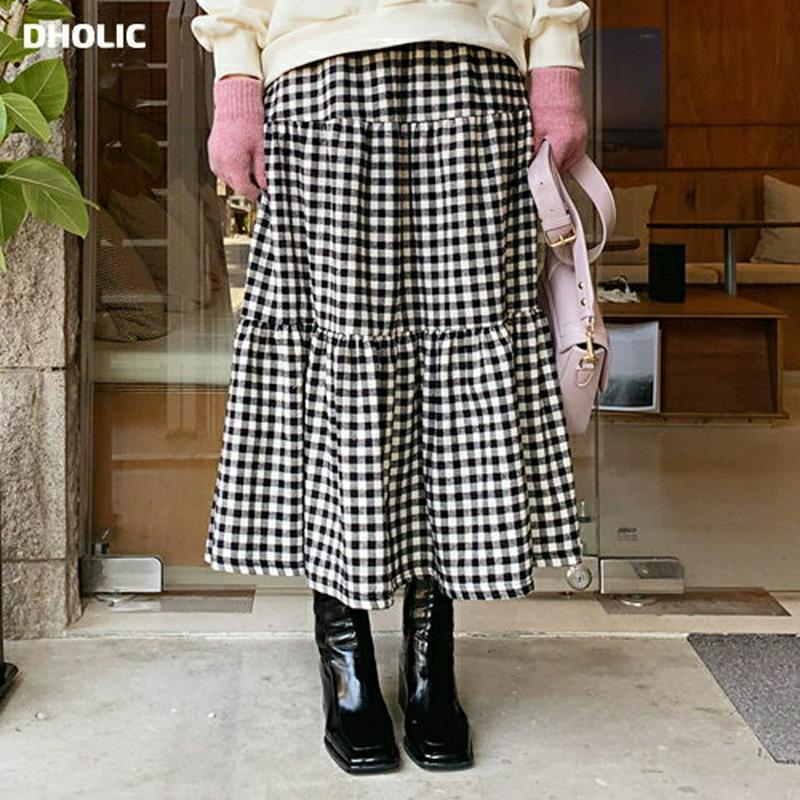 【只今10%OFF】チェックティアードスカート・全3色・b61820 レディース【sk】【韓国 ファッション ボトムス スカート ロング丈 ロングスカート ティアード フレア フレアスカート ウエストゴム 楽ちん チェック柄 ギンガムチェック ガーリー ゆったり 体型カバー 秋 冬】