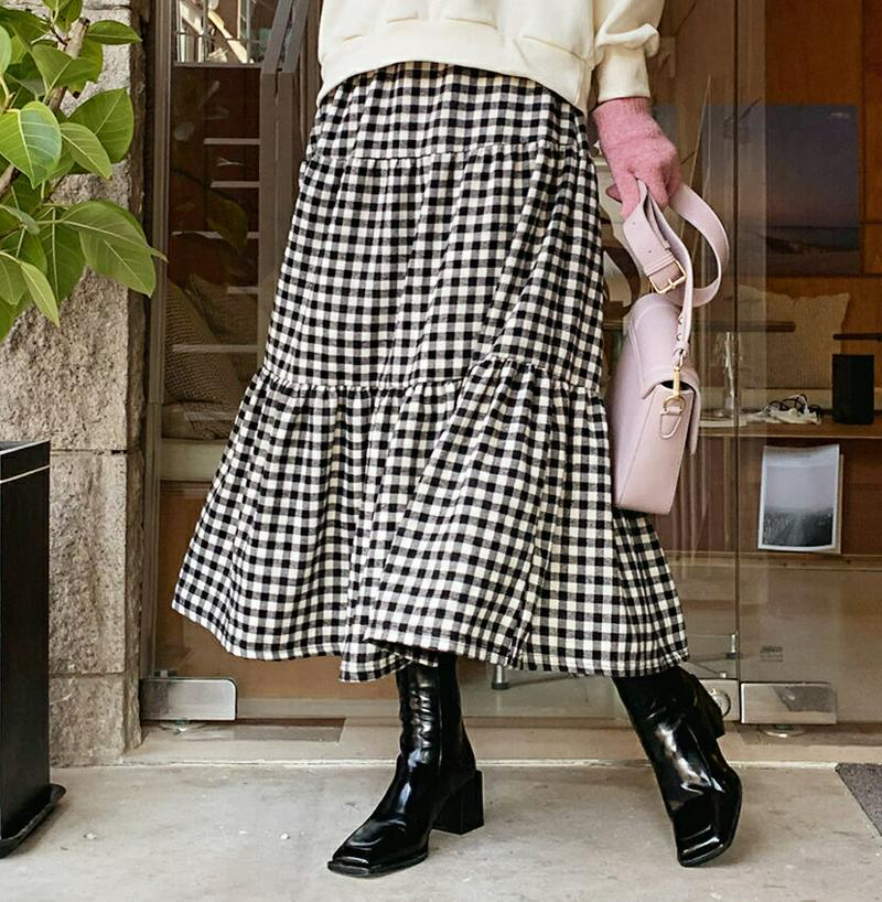 【只今10%OFF】チェックティアードスカート・全3色・b61820 レディース【sk】【韓国 ファッション ボトムス スカート ロング丈 ロングスカート ティアード フレア フレアスカート ウエストゴム 楽ちん チェック柄 ギンガムチェック ガーリー ゆったり 体型カバー 秋 冬】