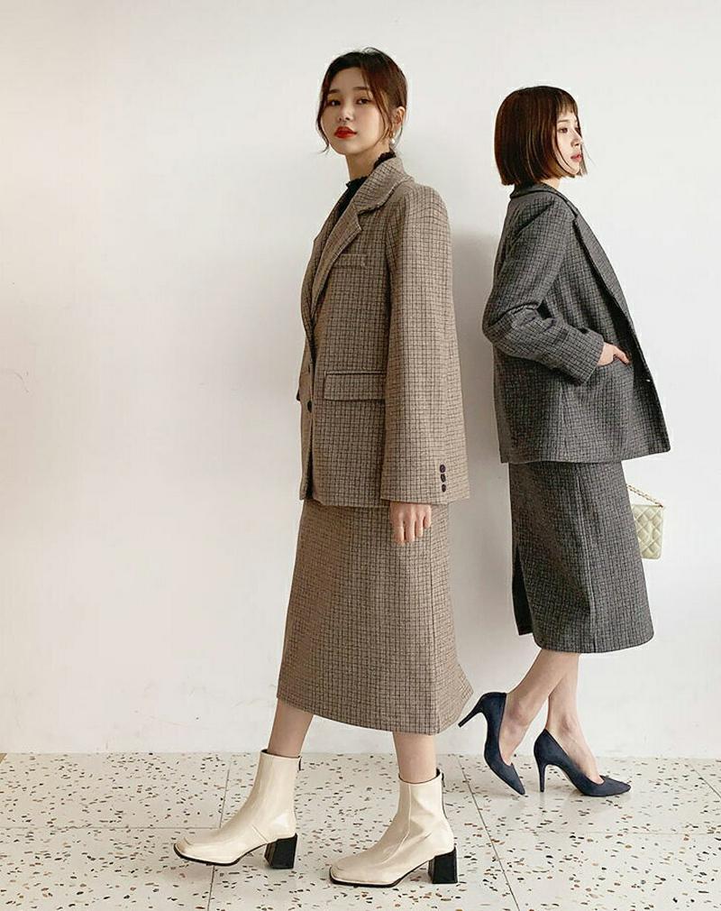 【新作10%OFF】【送料無料】チェックジャケット&スカートSET・全2色・t61818 レディース【ops】【韓国 ファッション セットアップ setup ジャケット ミドルジャケット シングルジャケット スカート ロングスカート Hライン スリット チェック柄 シンプル 大人 上品 秋 冬】