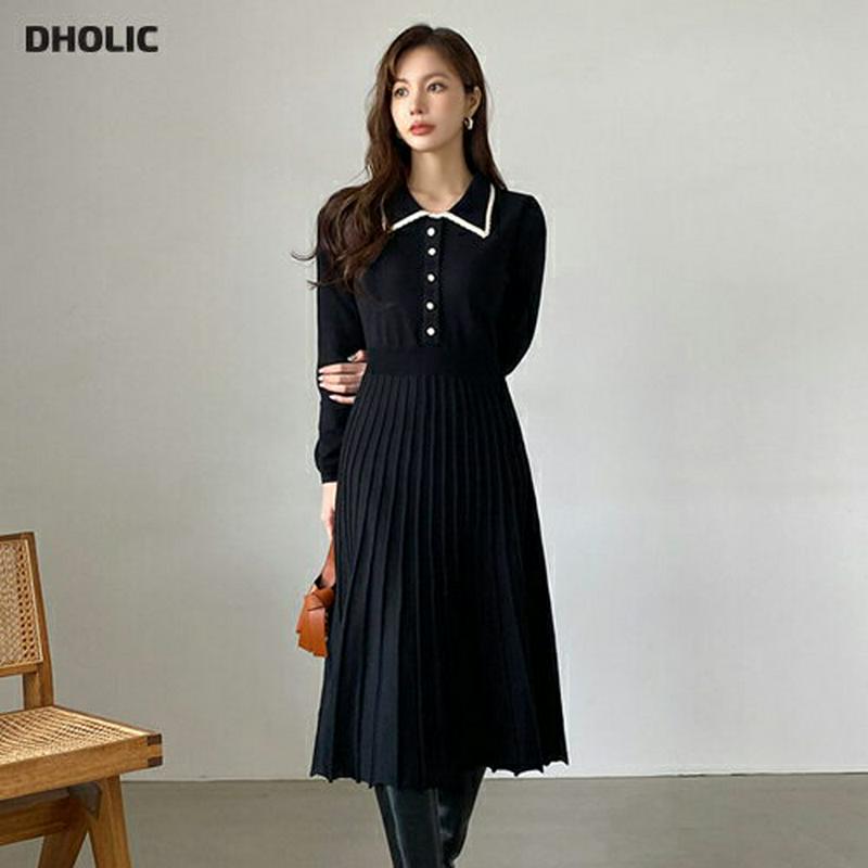 【新作10%OFF】カラーフレアニットワンピース・全3色・b65221 レディース【ops】【韓国 ファッション ワンピース ロングワンピース ニットワンピース 長袖 ロングスリーブ 配色 フレア ライン 大人 上品 フェミニン 秋 冬】【ハイホリHIHOLLI】