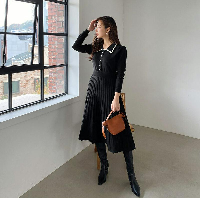 【新作10%OFF】カラーフレアニットワンピース・全3色・b65221 レディース【ops】【韓国 ファッション ワンピース ロングワンピース ニットワンピース 長袖 ロングスリーブ 配色 フレア ライン 大人 上品 フェミニン 秋 冬】【ハイホリHIHOLLI】