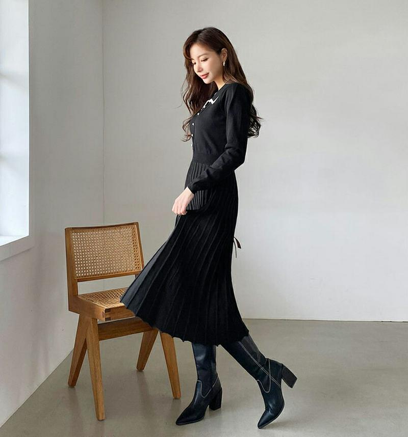 【新作10%OFF】カラーフレアニットワンピース・全3色・b65221 レディース【ops】【韓国 ファッション ワンピース ロングワンピース ニットワンピース 長袖 ロングスリーブ 配色 フレア ライン 大人 上品 フェミニン 秋 冬】【ハイホリHIHOLLI】