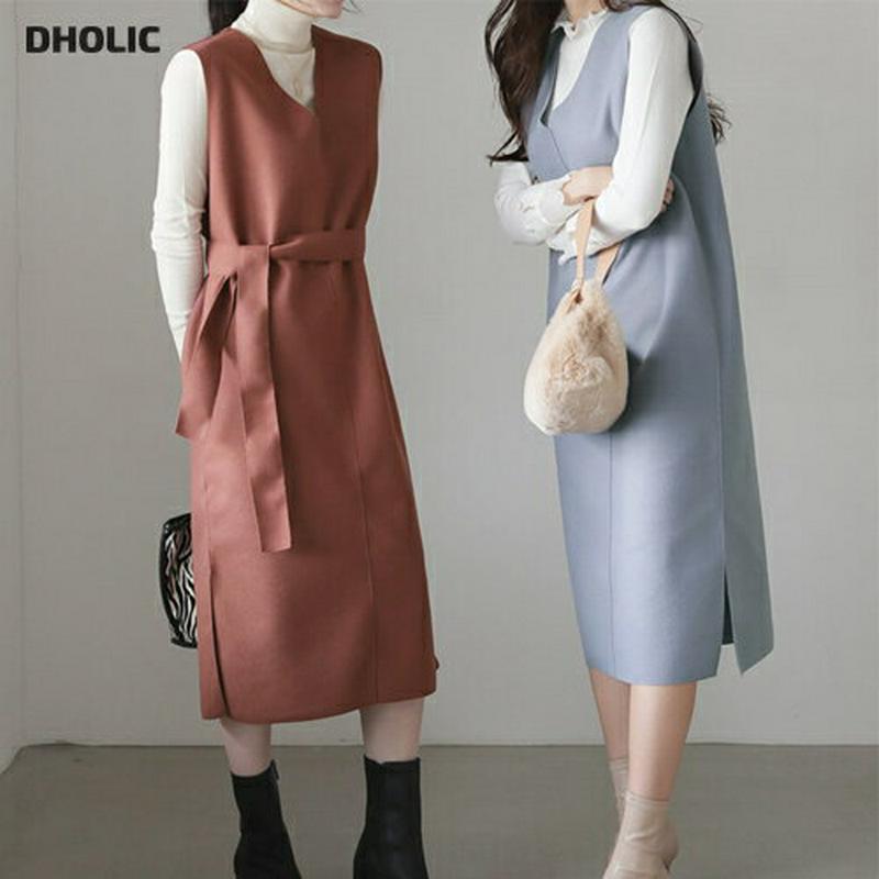 ストラップ付ノースリーブワンピース・全3色・e65219 レディース【ops】 韓国ファッション ワンピース ロング丈 スリーブレス ノースリーブ Vネック 学校行事 オフィスカジュアル Hライン スリット ストラップ シンプル 無地 大人 秋 冬 ハイホリHIHOLLI