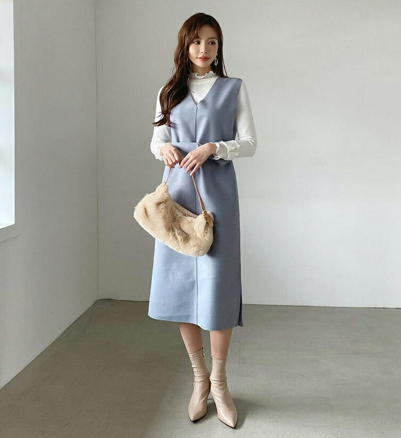 ストラップ付ノースリーブワンピース・全3色・e65219 レディース【ops】 韓国ファッション ワンピース ロング丈 スリーブレス ノースリーブ Vネック 学校行事 オフィスカジュアル Hライン スリット ストラップ シンプル 無地 大人 秋 冬 ハイホリHIHOLLI