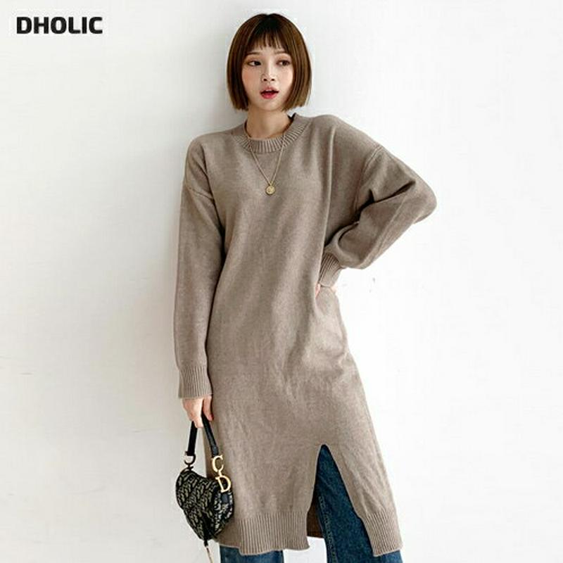 【新作10%OFF】スリットヘムワンピース・全3色・b61808 レディース【ops】【韓国 ファッション ワンピース ミディ丈 ミディワンピース 長袖 ロングスリーブ ドロップショルダー ラウンドネック スリット ルーズ シンプル 単色 無地 カジュアル ラフ 秋 冬】