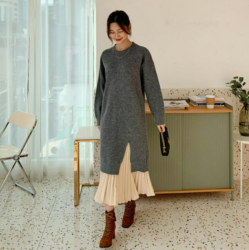 【新作10%OFF】スリットヘムワンピース・全3色・b61808 レディース【ops】【韓国 ファッション ワンピース ミディ丈 ミディワンピース 長袖 ロングスリーブ ドロップショルダー ラウンドネック スリット ルーズ シンプル 単色 無地 カジュアル ラフ 秋 冬】