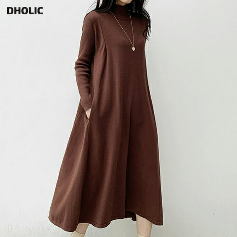 ハーフネックニットワンピース・全2色・b65220 レディース【ops】【韓国 ファッション ワンピース ロングワンピース ニットワンピース 長袖 ロングスリーブ ルーズ フレア シンプル 単色 無地 カジュアル ゆったり ラフ 大人 秋 冬】【ハイホリHIHOLLI】