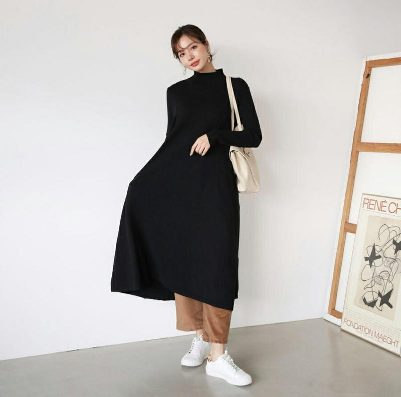 ハーフネックニットワンピース・全2色・b65220 レディース【ops】【韓国 ファッション ワンピース ロングワンピース ニットワンピース 長袖 ロングスリーブ ルーズ フレア シンプル 単色 無地 カジュアル ゆったり ラフ 大人 秋 冬】【ハイホリHIHOLLI】