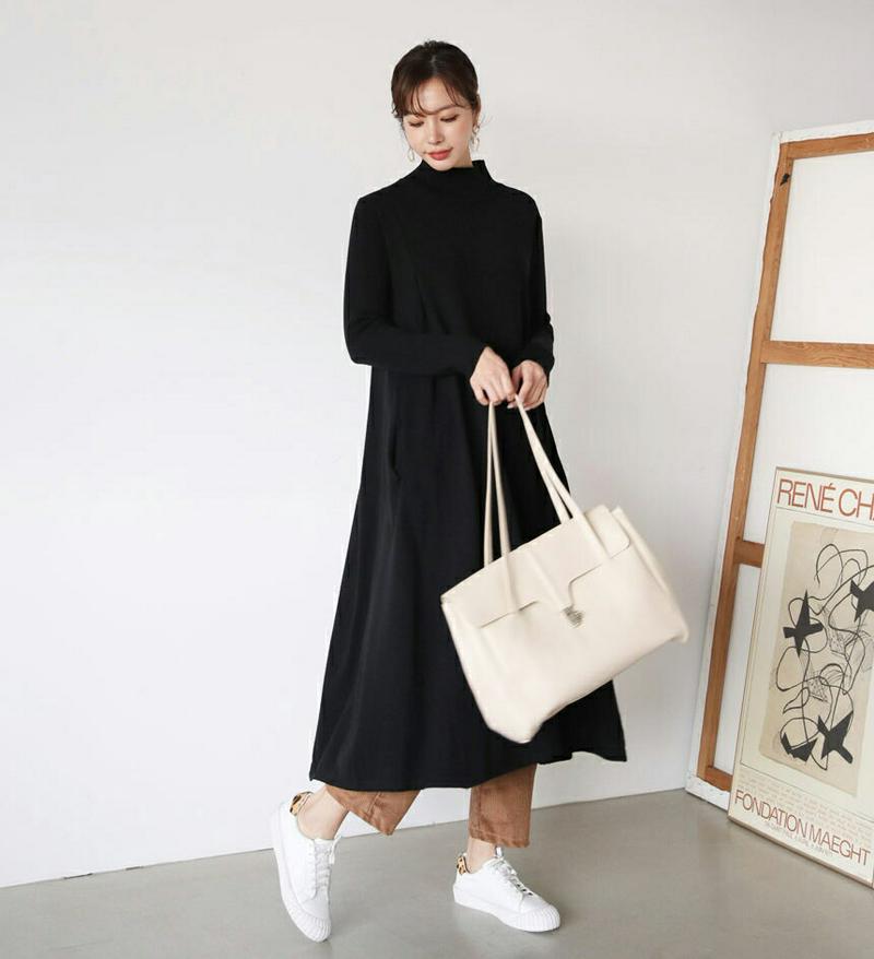 ハーフネックニットワンピース・全2色・b65220 レディース【ops】【韓国 ファッション ワンピース ロングワンピース ニットワンピース 長袖 ロングスリーブ ルーズ フレア シンプル 単色 無地 カジュアル ゆったり ラフ 大人 秋 冬】【ハイホリHIHOLLI】