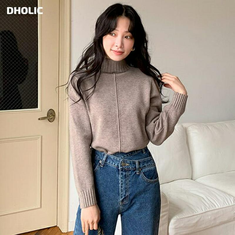 【新作10%OFF】ロールハイネックニット・全4色・b65251 レディース【tops】【韓国 ファッション トップス ニット ニットトップス ロングスリーブ 長袖 ハイネック リブ スリット 点線 ライン シンプル カジュアル アンバランス ゆったり ラフ 秋 冬】【ハイホリHIHOLLI】