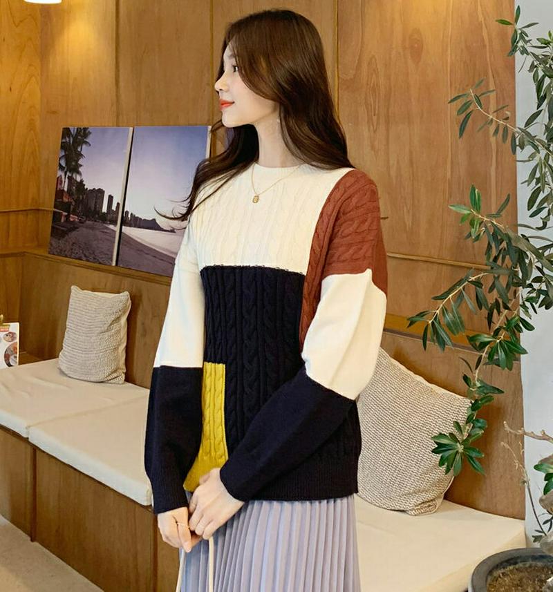 配色ツイストニット・全3色・b61802 レディース【tops】【韓国 ファッション トップス ニット ニットトップス ロングスリーブ 長袖 ラウンドネック 配色 カラーブロック ツイスト ケーブルニット ユニーク カジュアル ラフ 秋 冬】