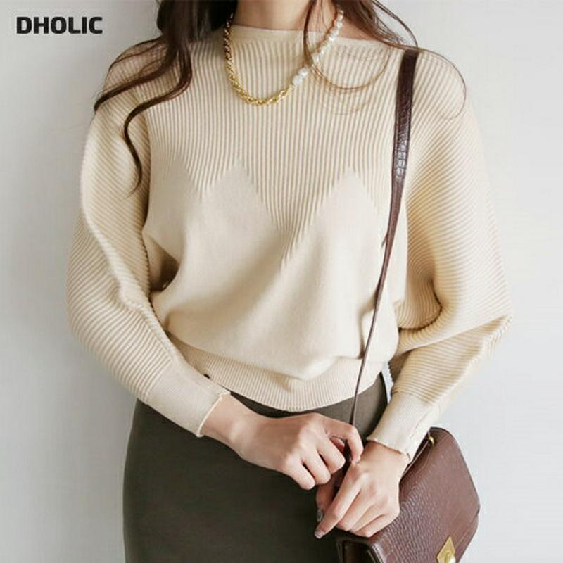 【只今10%OFF】ジグザグリブニット・全3色・b65244 レディース【tops】【韓国 ファッション トップス ニット ニットトップス 長袖 ドルマンスリーブ ラウンドネック リブ ジグザグ パターン 切り替え シンプル 大人 上品 秋 冬】【ハイホリHIHOLLI】