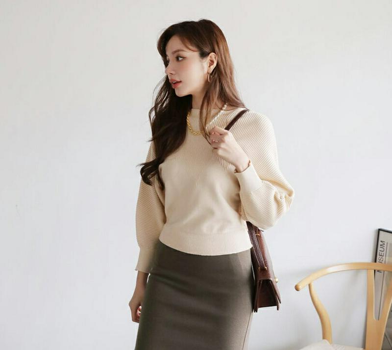 【只今10%OFF】ジグザグリブニット・全3色・b65244 レディース【tops】【韓国 ファッション トップス ニット ニットトップス 長袖 ドルマンスリーブ ラウンドネック リブ ジグザグ パターン 切り替え シンプル 大人 上品 秋 冬】【ハイホリHIHOLLI】