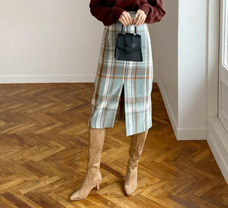 【新作10%OFF】スリットチェックスカート・全3色・t65261 レディース【sk】【韓国 ファッション ボトムス スカート ロング丈 ロングスカート Hライン Hラインスカート スリム チェック柄 スリット シンプル 大人 上品 秋 冬】【ハイホリHIHOLLI】