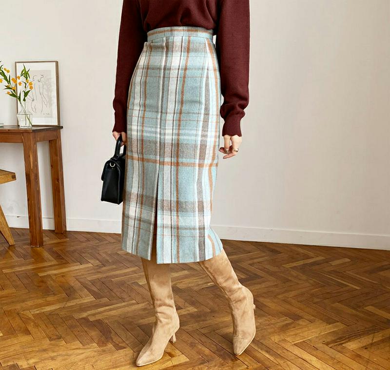 【新作10%OFF】スリットチェックスカート・全3色・t65261 レディース【sk】【韓国 ファッション ボトムス スカート ロング丈 ロングスカート Hライン Hラインスカート スリム チェック柄 スリット シンプル 大人 上品 秋 冬】【ハイホリHIHOLLI】