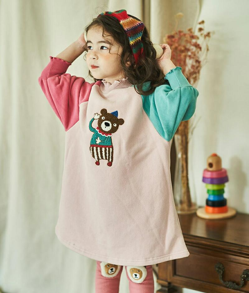 【キッズ20%OFF】裏起毛配色くまワンピース(junior)・u08804 キッズ【9~17才】【ops】【ワンピース ロング ロングワンピース 長袖 裏起毛 配色 くま クマ カジュアル かわいい 女の子 冬 韓国 韓国子供服 子供 こども 子供服 こども服】【KIDS】