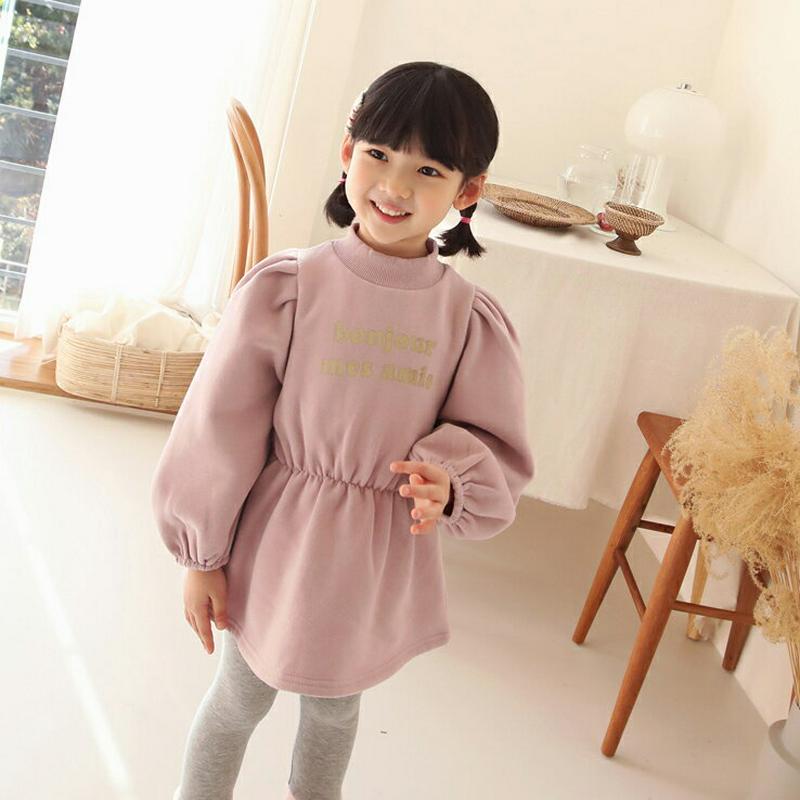 【キッズ20%OFF】裏起毛パフ袖プリントワンピース・p009004 キッズ【3~8才】【ops】【ワンピース パフスリーブ ボリューム袖 単色 無地 シンプル 可愛い かわいい ロゴ 裏起毛 女の子 冬 韓国 韓国子供服 子供 こども 子供服 こども服】【KIDS】