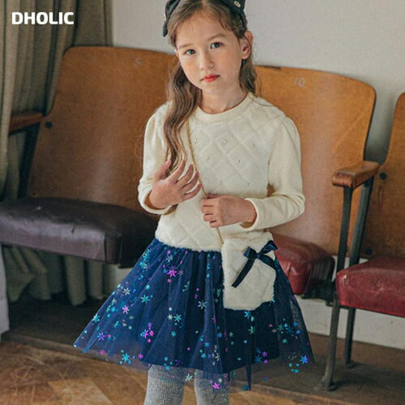 【キッズ20%OFF】キラキラレースワンピース・u08748 キッズ【3~8才】【ops】【ワンピース きらきら ラメ パール 長袖 可愛い かわいい 星 柄 チュール チュールワンピース ミニ ショート丈 女の子 秋 冬 韓国 韓国子供服 子供 こども 子供服 こども服】【KIDS】