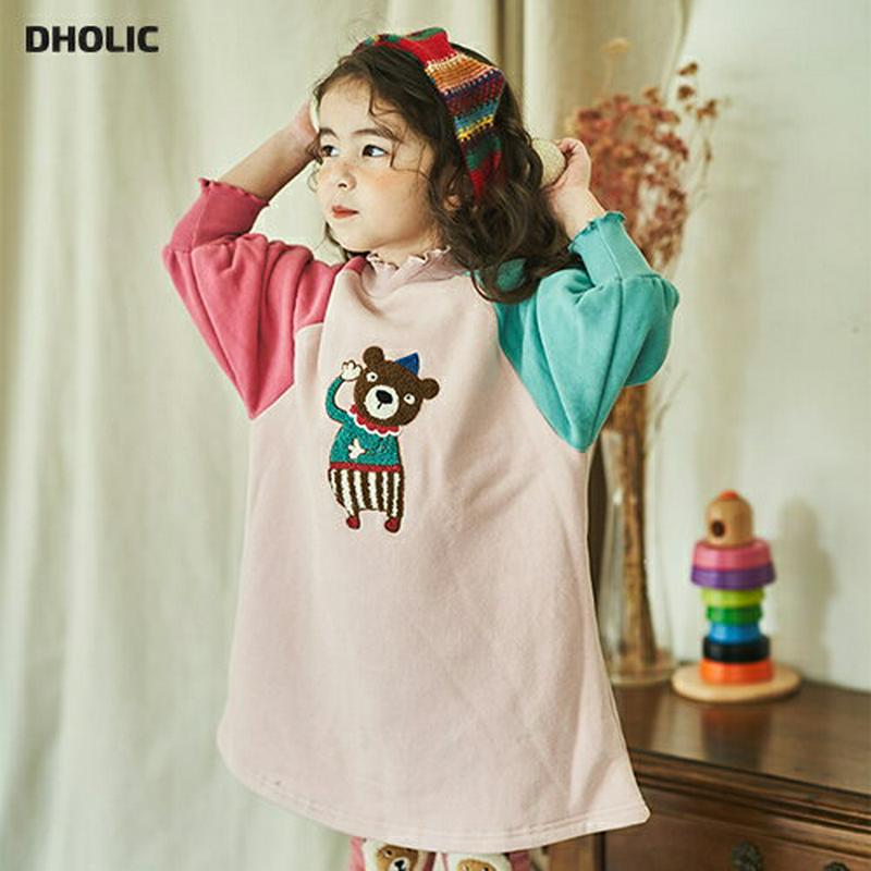 【キッズ20%OFF】裏起毛配色くまワンピース(kids)・u08805 キッズ【3~8才】【ops】【ワンピース ミディ丈 ミディワンピース ひざ丈 裏起毛 長袖 配色 クマ くま 可愛い かわいい ポップ カラフル 女の子 冬 韓国 韓国子供服 子供 こども 子供服 こども服】【KIDS】