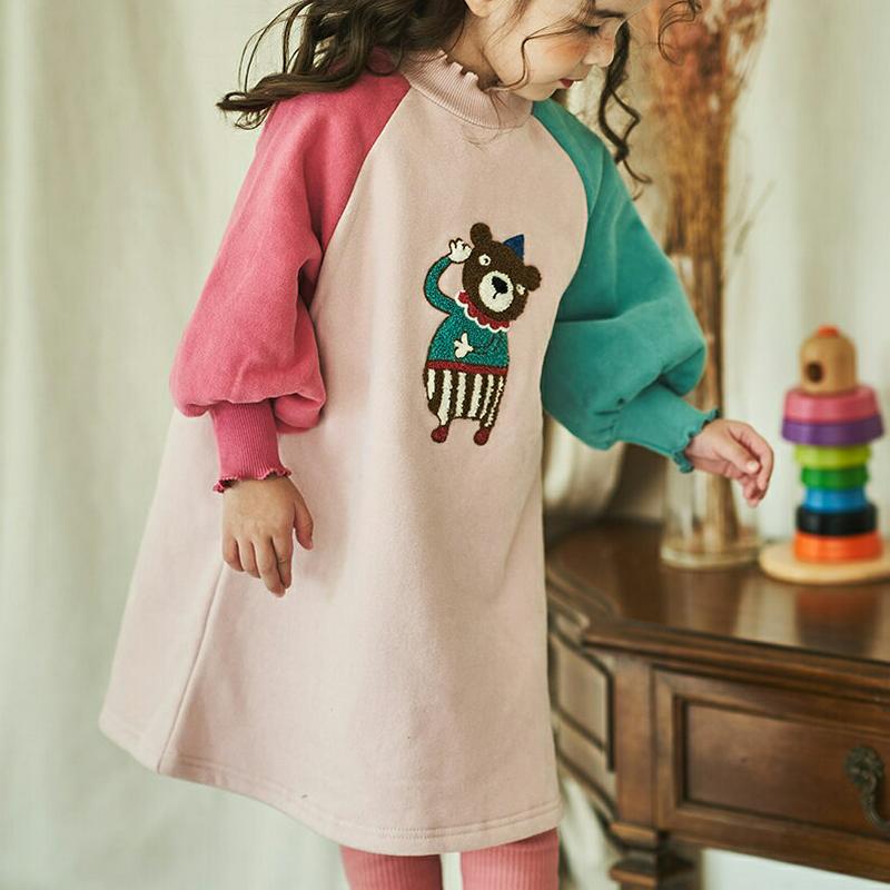 【キッズ20%OFF】裏起毛配色くまワンピース(kids)・u08805 キッズ【3~8才】【ops】【ワンピース ミディ丈 ミディワンピース ひざ丈 裏起毛 長袖 配色 クマ くま 可愛い かわいい ポップ カラフル 女の子 冬 韓国 韓国子供服 子供 こども 子供服 こども服】【KIDS】