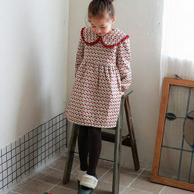 【キッズ20%OFF】チェリーワンピース・u08755 キッズ【3~8才】【ops】【ワンピース ミディ丈 ミディワンピース 長袖 サクランボ さくらんぼ チェリー ガーリー 可愛い かわいい 女の子 秋 春 冬 韓国 韓国子供服 子供 こども 子供服 こども服】【KIDS】