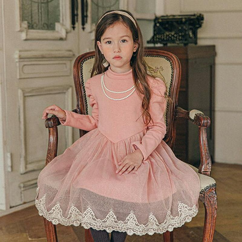 【キッズ20%OFF】パフドレスワンピース・u08741 キッズ【3~8才】【ops】【ワンピース ミディ丈 ミディワンピース 透け感 レース 長袖 パフスリーブ ボリューム袖 ドレス ガーリー 可愛い かわいい 秋 春 韓国 韓国子供服 子供 こども 子供服 こども服】【KIDS】