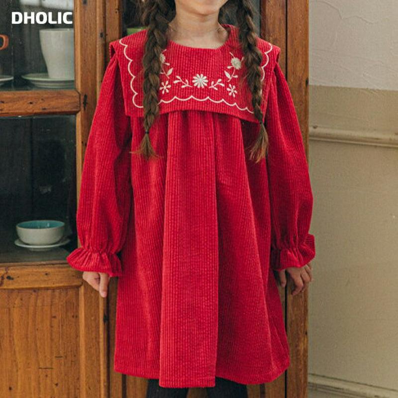 【キッズ20%OFF】コーデュロイ刺繍ワンピース・u08745 キッズ【3~8才】【ops】【ワンピース ミディ丈 ミディワンピース 長袖 コーデュロイ 刺繍 花 フラワー 可愛い かわいい 襟コンシャス 女の子 秋 冬 韓国 韓国子供服 子供 こども 子供服 こども服】【KIDS】