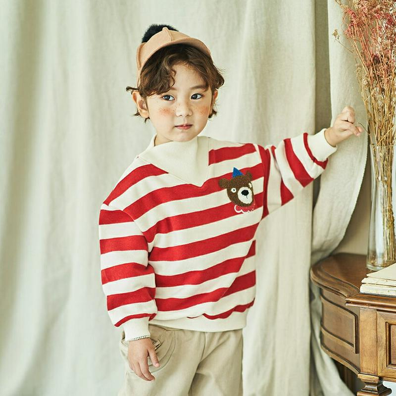【キッズ20%OFF】くまポイントボーダーTシャツ(kids)・u08770 キッズ【3~8才】【tops】【トップス Tシャツ 長袖 ボーダー 柄 くま クマ カジュアル ラフ 可愛い かわいい ユニーク 女の子 男の子 秋 冬 韓国 韓国子供服 子供 こども 子供服 こども服】【KIDS】