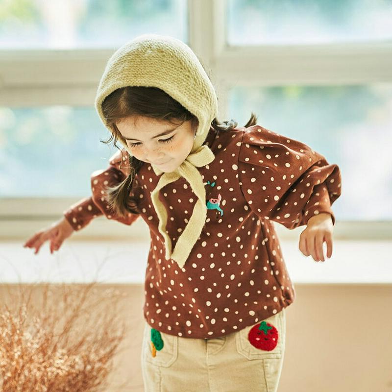 【キッズ20%OFF】裏起毛バンビパフ袖Tシャツ(kids)・u08791 キッズ【3~8才】【tops】【トップス Tシャツ 長袖 ドット柄 パフスリーブ バンビ 裏起毛 フリルネック 可愛い かわいい ガーリー 女の子 冬 韓国 韓国子供服 子供 こども 子供服 こども服】【KIDS】